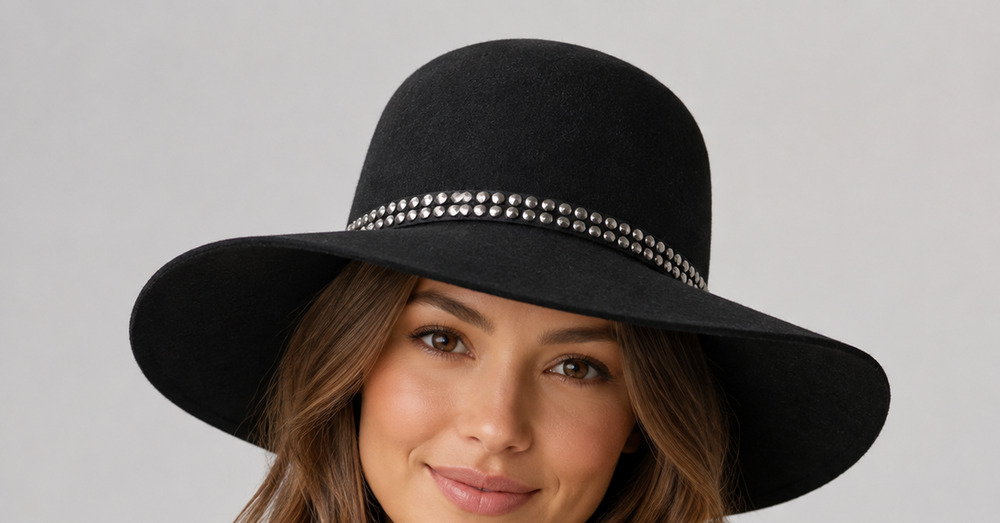 Sierra Accessories Black Wool Blend Wide Brim Floopy Hat Silver Studs OS
